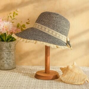 country paper straw hat womens wide brim bow beachy cottage garden lace black‎